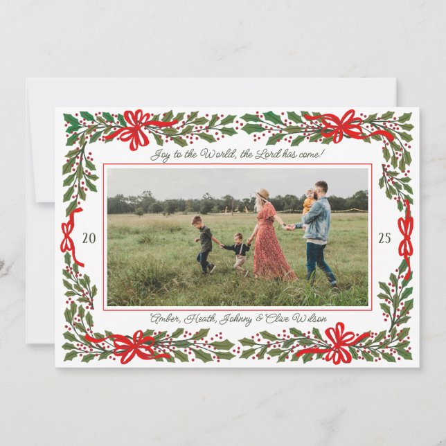 Tarjeta Festiva Navidades de foto única de Red Bows y Holly Garlan (Anverso)