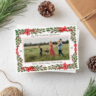 Tarjeta Festiva Navidades de foto única de Red Bows y Holly Garlan