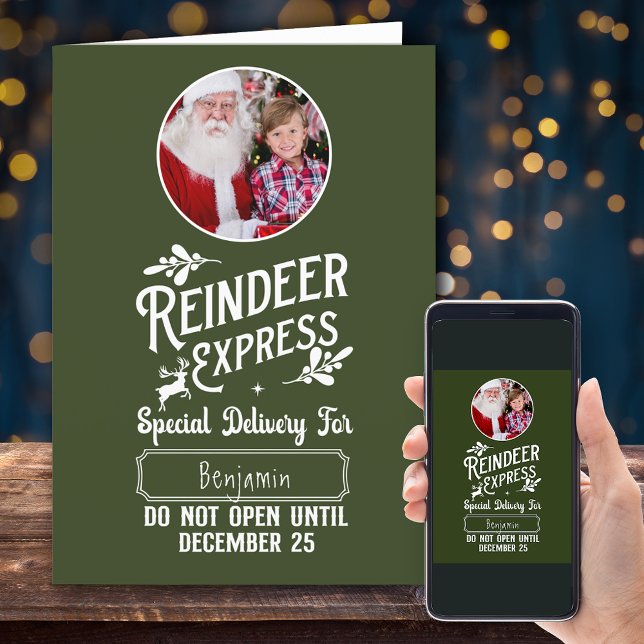 Tarjeta Festiva Navidades de foto y nombre de niño exprés reno (Subido por el creador)