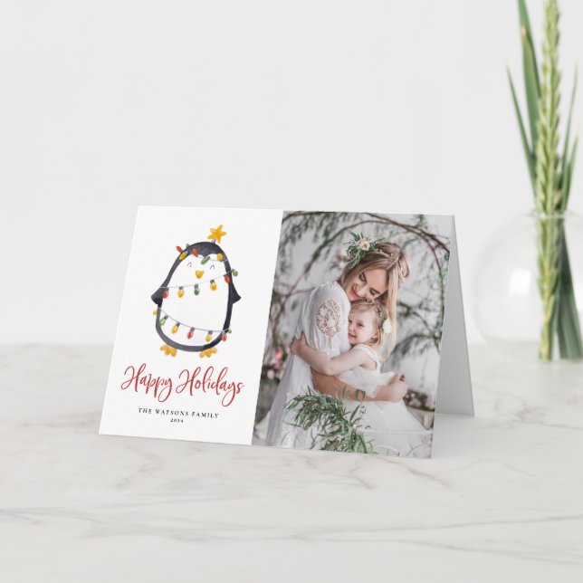Tarjeta Festiva Navidades de fotografía acuarela en Penguin Snowgl (Anverso)