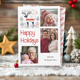 Tarjeta Festiva Navidades de fotografía azul rojo de ciervo de est