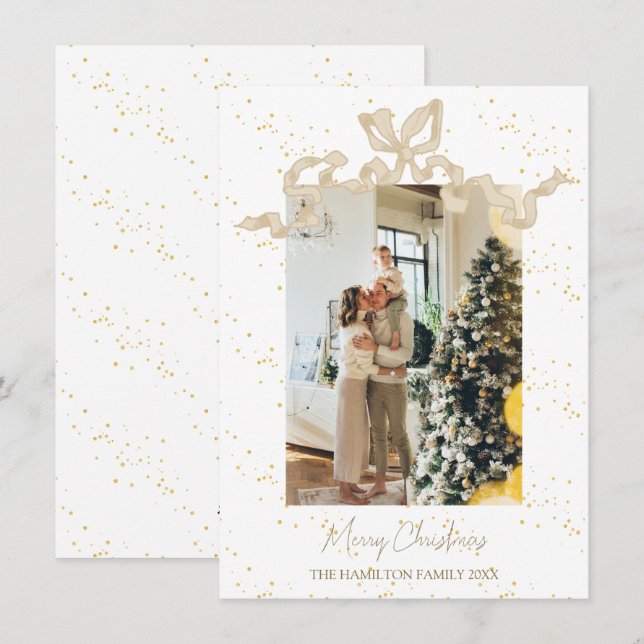Tarjeta Festiva Navidades de fotografía Beige Coquette Bow (Anverso / Reverso)