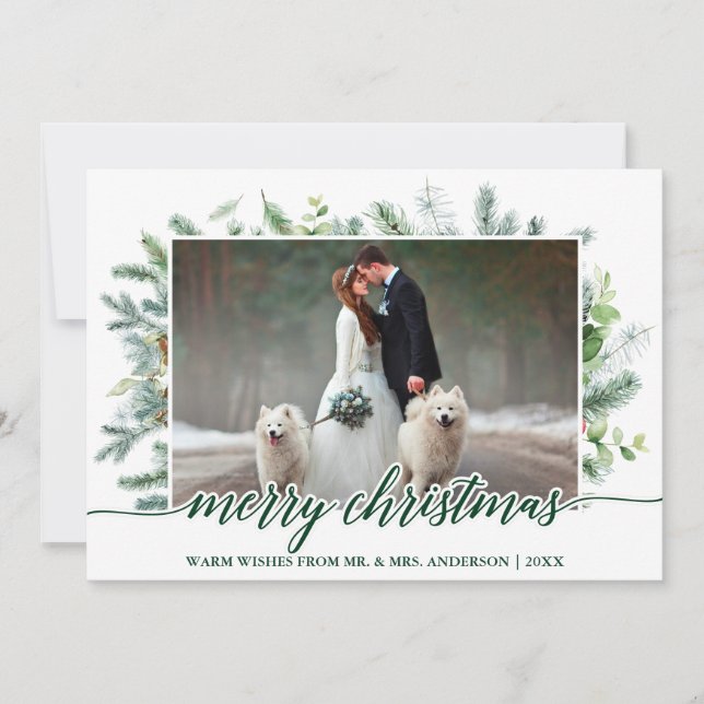 Tarjeta Festiva Navidades de fotografía boda de caligrafía Pine Gr (Anverso)