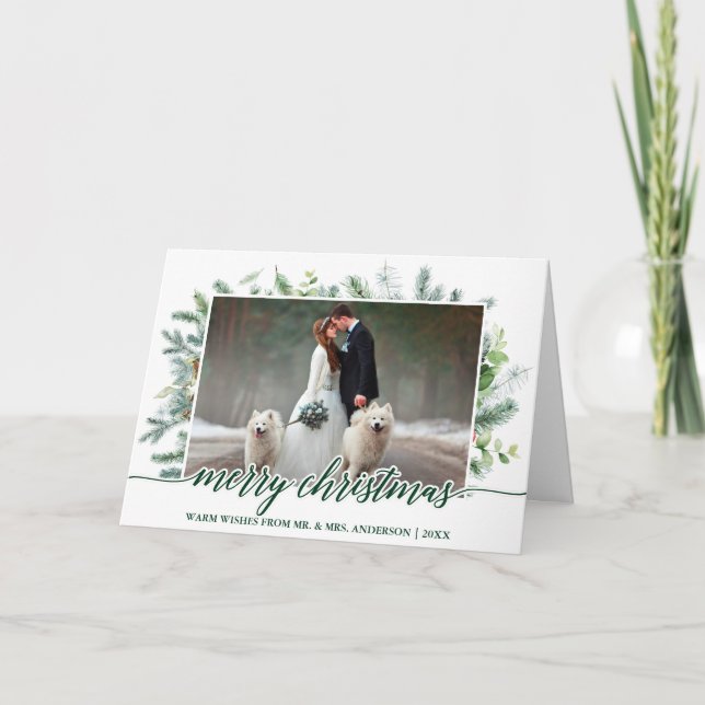Tarjeta Festiva Navidades de fotografía boda de caligrafía Pine Gr (Anverso)
