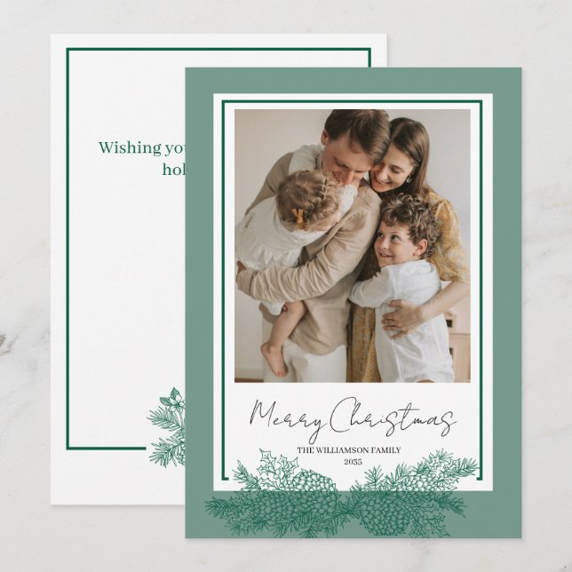 Tarjeta Festiva Navidades de fotografía botánicos elegantes y verd (Anverso / Reverso)