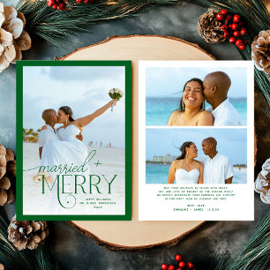 Tarjeta Festiva Navidades de fotografía casados y merry verde fore