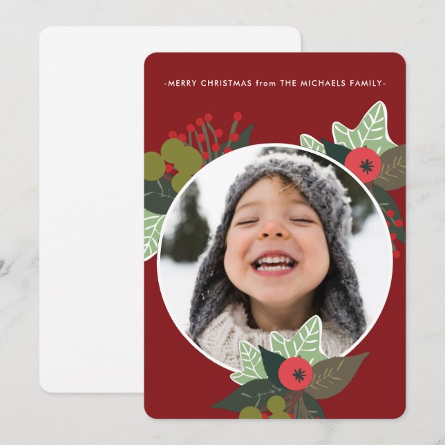 Tarjeta Festiva Navidades de fotografía Círculo Botánico Rojo (Anverso / Reverso)