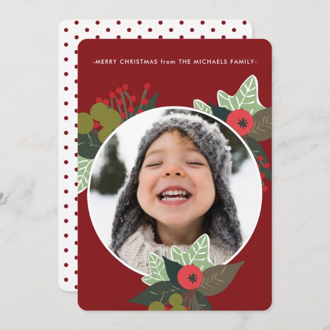 Tarjeta Festiva Navidades de fotografía Círculo Botánico Rojo (Anverso / Reverso)