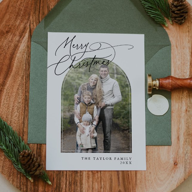 Tarjeta Festiva Navidades de fotografía clásicos de la familia DAR (DARCY Black Arch Family Classic Photo Christmas Holiday Card)