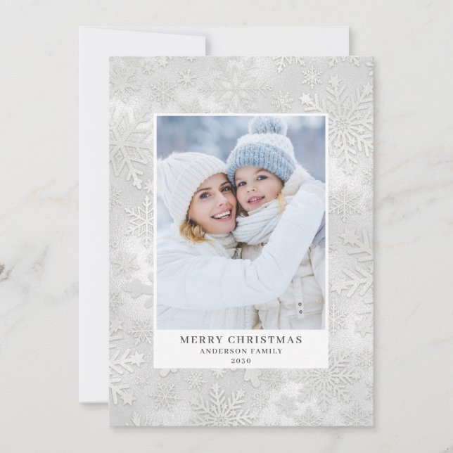 Tarjeta Festiva Navidades de fotografía con copos de nieve (Anverso)