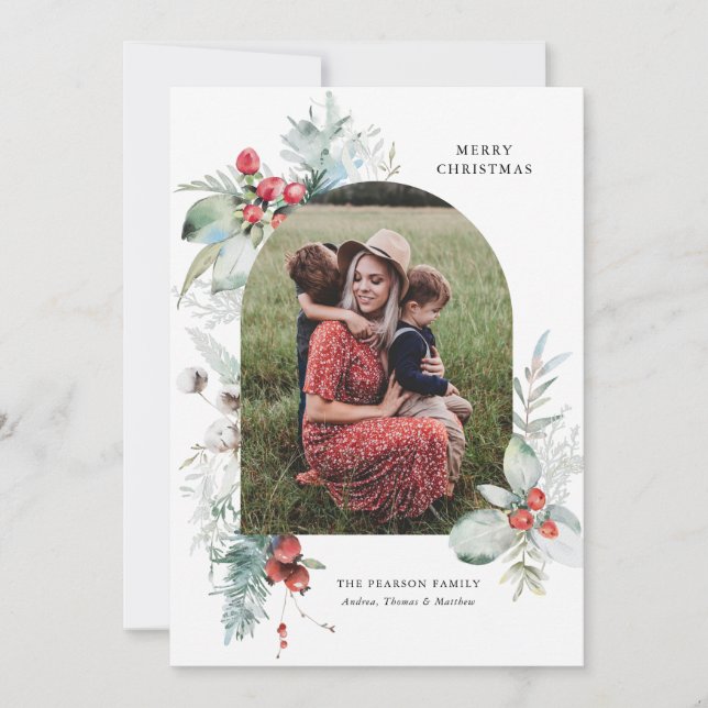 Tarjeta Festiva Navidades de fotografía de arcos florales botánico (Anverso)