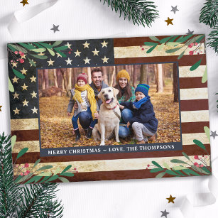 Tarjeta Festiva Navidades de fotografía de bandera estadounidense 