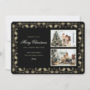 Tarjeta Festiva Navidades de fotografía de Black and Gold Holly