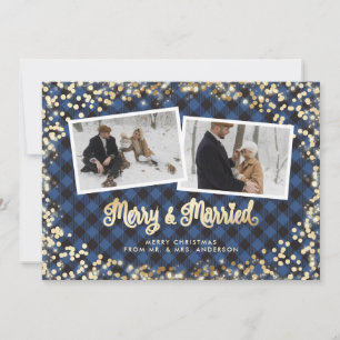 Tarjeta Festiva Navidades de fotografía de Blue Plaid Gold para re