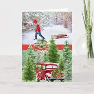 Tarjeta Festiva Navidades de fotografía de camiones rojos y bosque