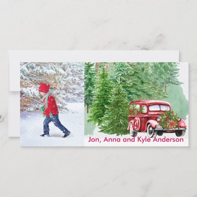 Tarjeta Festiva Navidades de fotografía de camiones rojos y bosque (Anverso)
