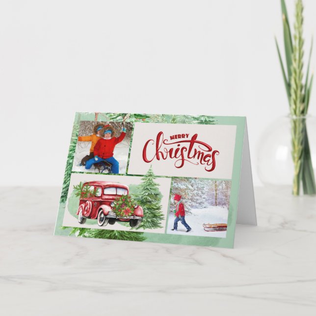 Tarjeta Festiva Navidades de fotografía de camiones rojos y bosque (Anverso)