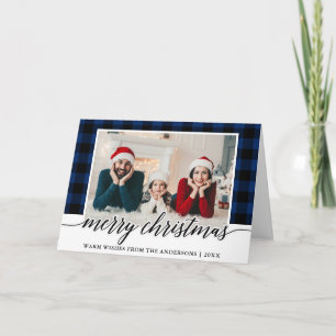 Tarjeta Festiva Navidades de fotografía de familia Blue Plaid de c