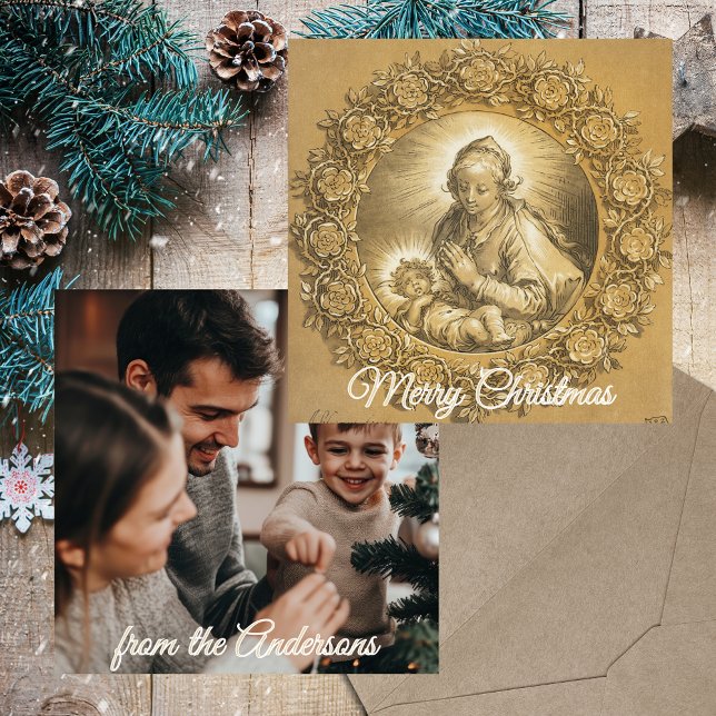Tarjeta Festiva Navidades de fotografía de familia cristiana relig (Gold Baroque Elegant Religious Christian Catholic Custom Family Photo Christmas Holiday Season Card)