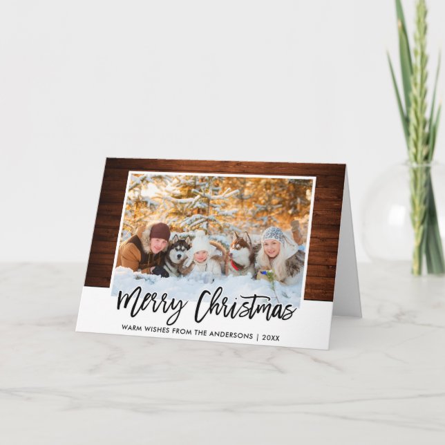 Tarjeta Festiva Navidades de fotografía de familia de madera rústi (Anverso)