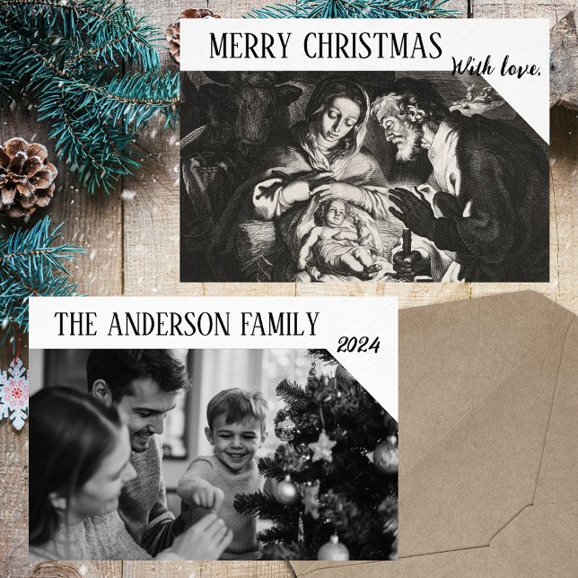 Tarjeta Festiva Navidades de fotografía de familias blancas y negr (Christmas Nativity Black & White Elegant Classic Religious Christian Family Photo Holiday Card)