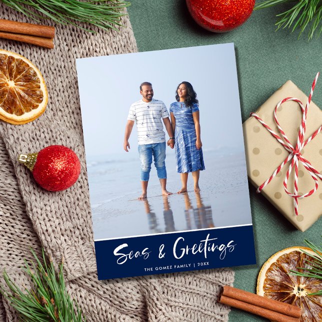 Tarjeta Festiva Navidades de fotografía de Florida Beach Blue Stri (Florida Beach Blue Stripe Family Photo Christmas Holiday Card)