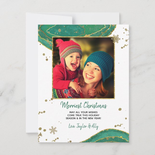 Tarjeta Festiva Navidades de fotografía de Geode Agate Gold Green  (Anverso)