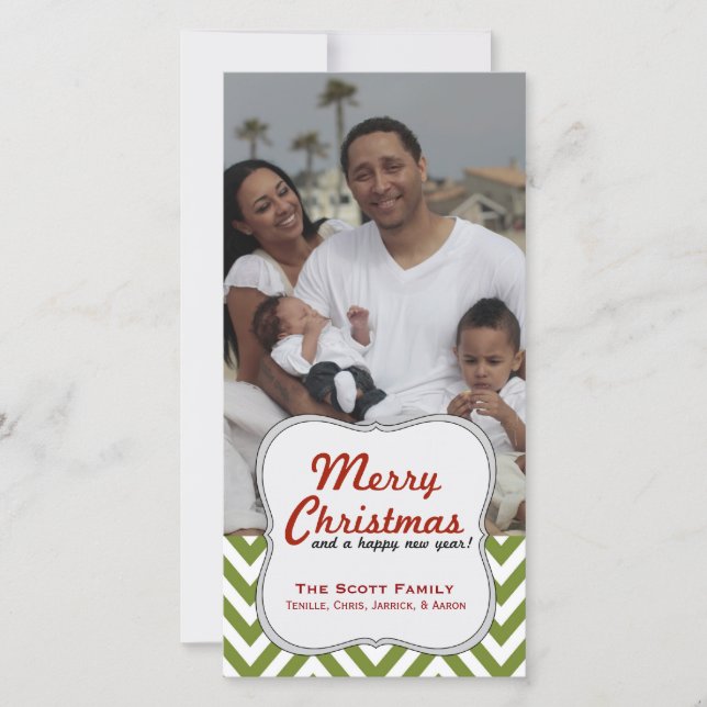 Tarjeta Festiva Navidades de fotografía de la familia Chevron verd (Anverso)