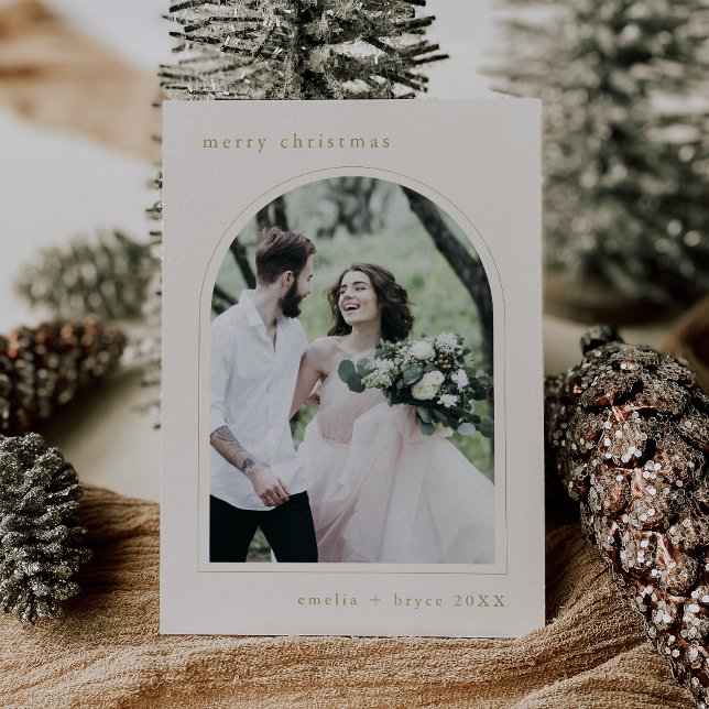 Tarjeta Festiva NAVIDADES de fotografía de la familia del Arco Úni (EMELIA Gold Unique Arch Family Photo Christmas Holiday Card)