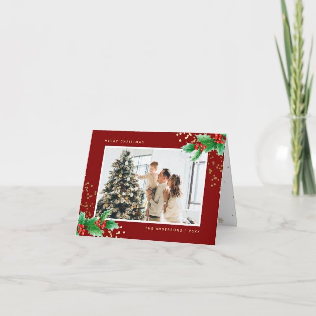 Tarjeta Festiva Navidades de fotografía de la familia Holly Berrie (Anverso)