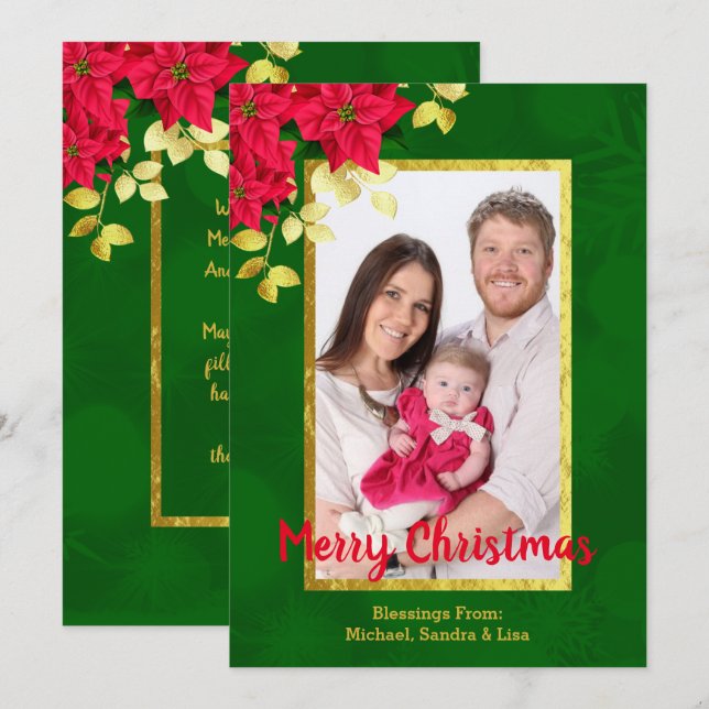 Tarjeta Festiva Navidades de fotografía de la familia Poinsettia G (Anverso / Reverso)