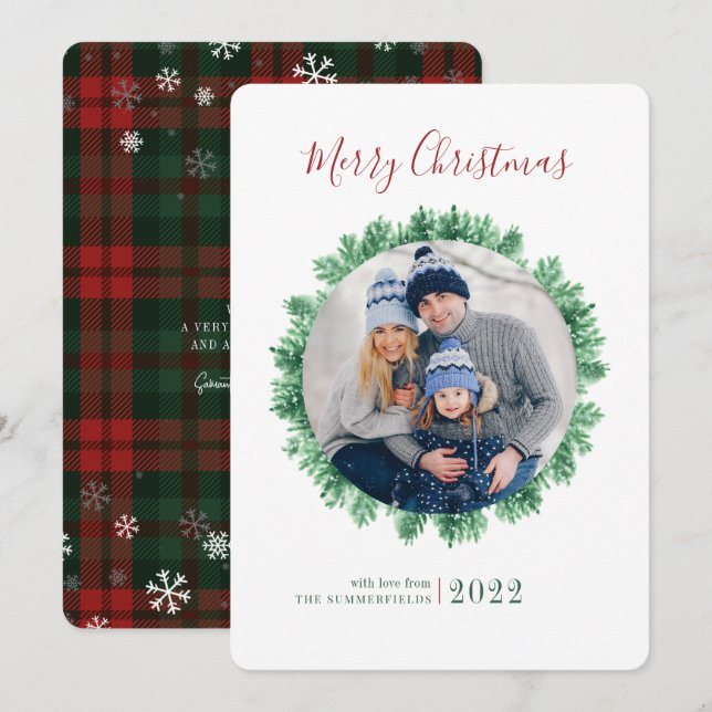 Tarjeta Festiva Navidades de fotografía de la familia Rustic Plaid (Anverso / Reverso)