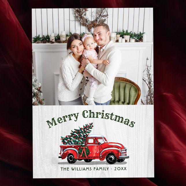 Tarjeta Festiva Navidades de fotografía de la familia Rustic Vinta (Rustic Family Photo Red Truck Merry Christmas Card)