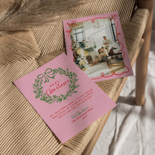Tarjeta Festiva Navidades de fotografía de la guirnalda verde rosa
