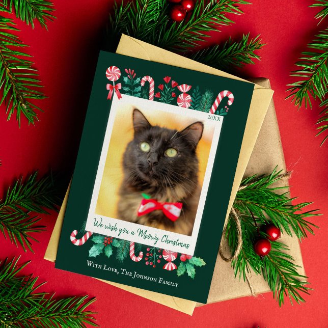 Tarjeta Festiva Navidades de fotografía de Meowy Navidades (Meowy Christmas Cat Photo Christmas Holiday Card)