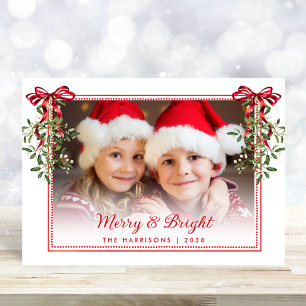 Tarjeta Festiva Navidades de fotografía de Merry Bright Red Bows G