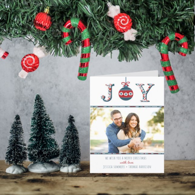 Tarjeta Festiva Navidades de fotografía de moda "Joy" Boho Bauble (Subido por el creador)