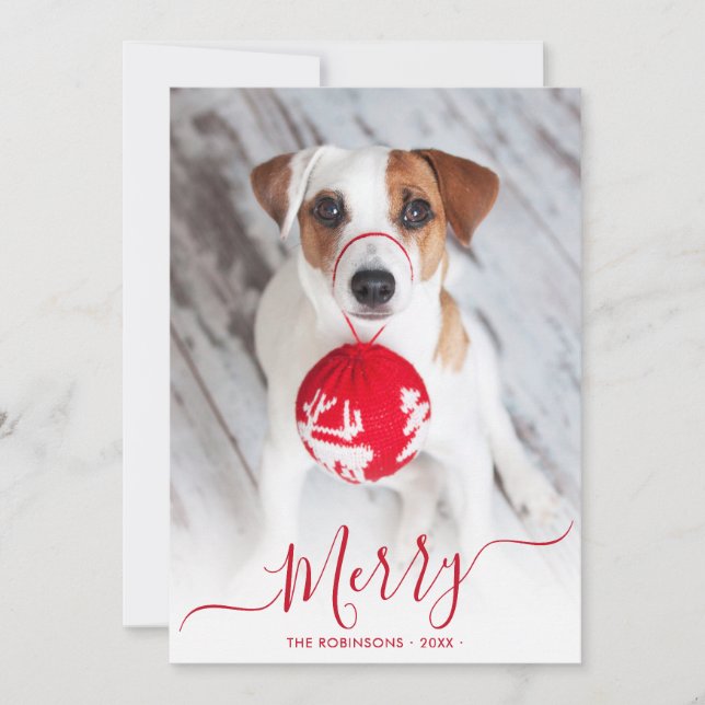 Tarjeta Festiva Navidades de fotografía de Modern Red Merry Script (Anverso)