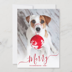 Tarjeta Festiva Navidades de fotografía de Modern Red Merry Script