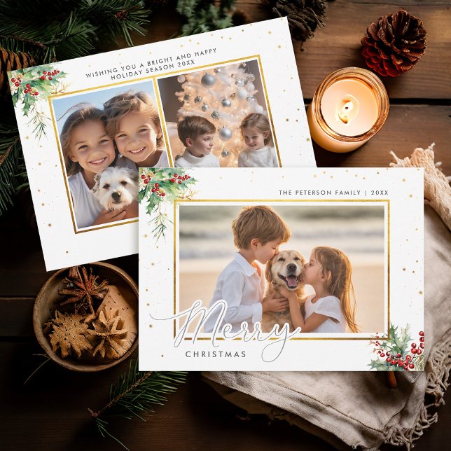 Tarjeta Festiva Navidades de fotografía de niños con marco dorado  (christmas card kids photo template winter greenery gold frame modern minimalist simple watercolor)