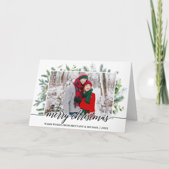 Tarjeta Festiva Navidades de fotografía de pareja caligrafía Pine  (Anverso)