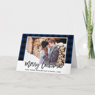 Tarjeta Festiva Navidades de fotografía de pareja de platillos azu