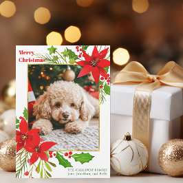 Tarjeta Festiva Navidades de fotografía de perro floral rojo festi