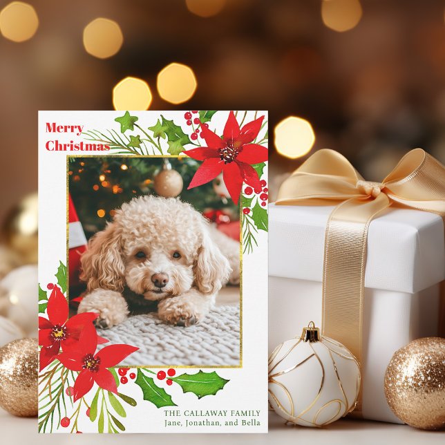 Tarjeta Festiva Navidades de fotografía de perro floral rojo festi (Subido por el creador)