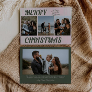 Tarjeta Festiva Navidades de fotografía de rayas rosadas retro vin