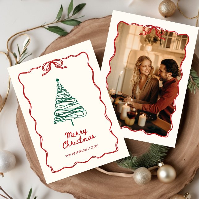 Tarjeta Festiva Navidades de fotografía de Red Green Retro ilustra (UNIQUE Christmas Hand Illustrated Hand Drawn Quirky Simple Photo Holiday Card)