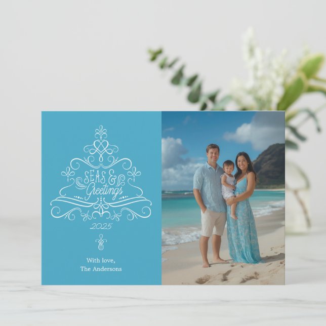 Tarjeta Festiva Navidades de fotografía de Seas y Saludos en Playa (Anverso de pie)