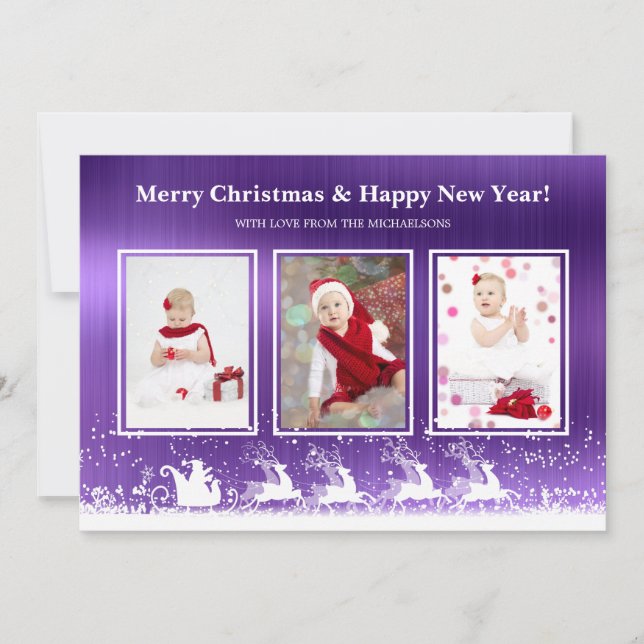 Tarjeta Festiva Navidades de fotografía de Sleigh Snow del Purple  (Anverso)