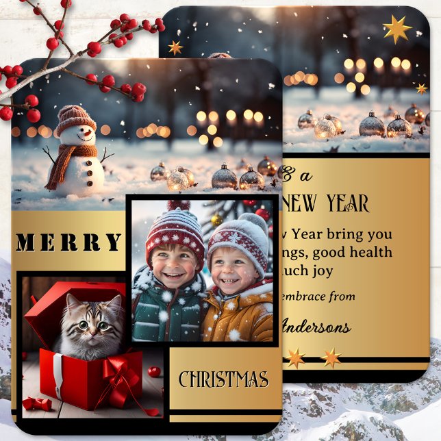 Tarjeta Festiva Navidades de fotografía de Snowman Black Gold (Elegant Christmas Holidays card featuring 2 custom photos on a gold and black snowman design)