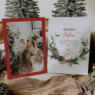 Tarjeta Festiva Navidades de fotografía de Watercolor Wreath Red B